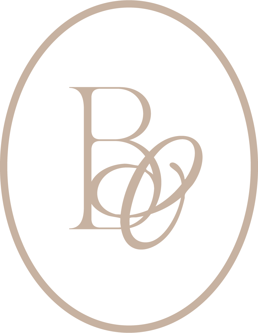 Elegant oval logo featuring intertwined B and O monogram letters in soft beige tones on white background.