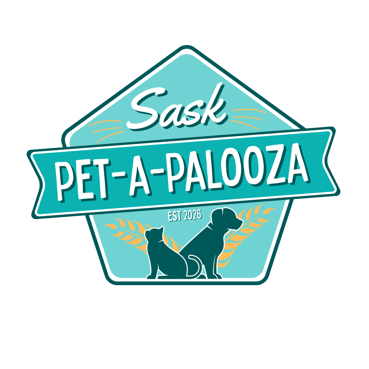 Turquoise blue dog silhouette logos in a modern geometric style with text overlays on triangular shapes.