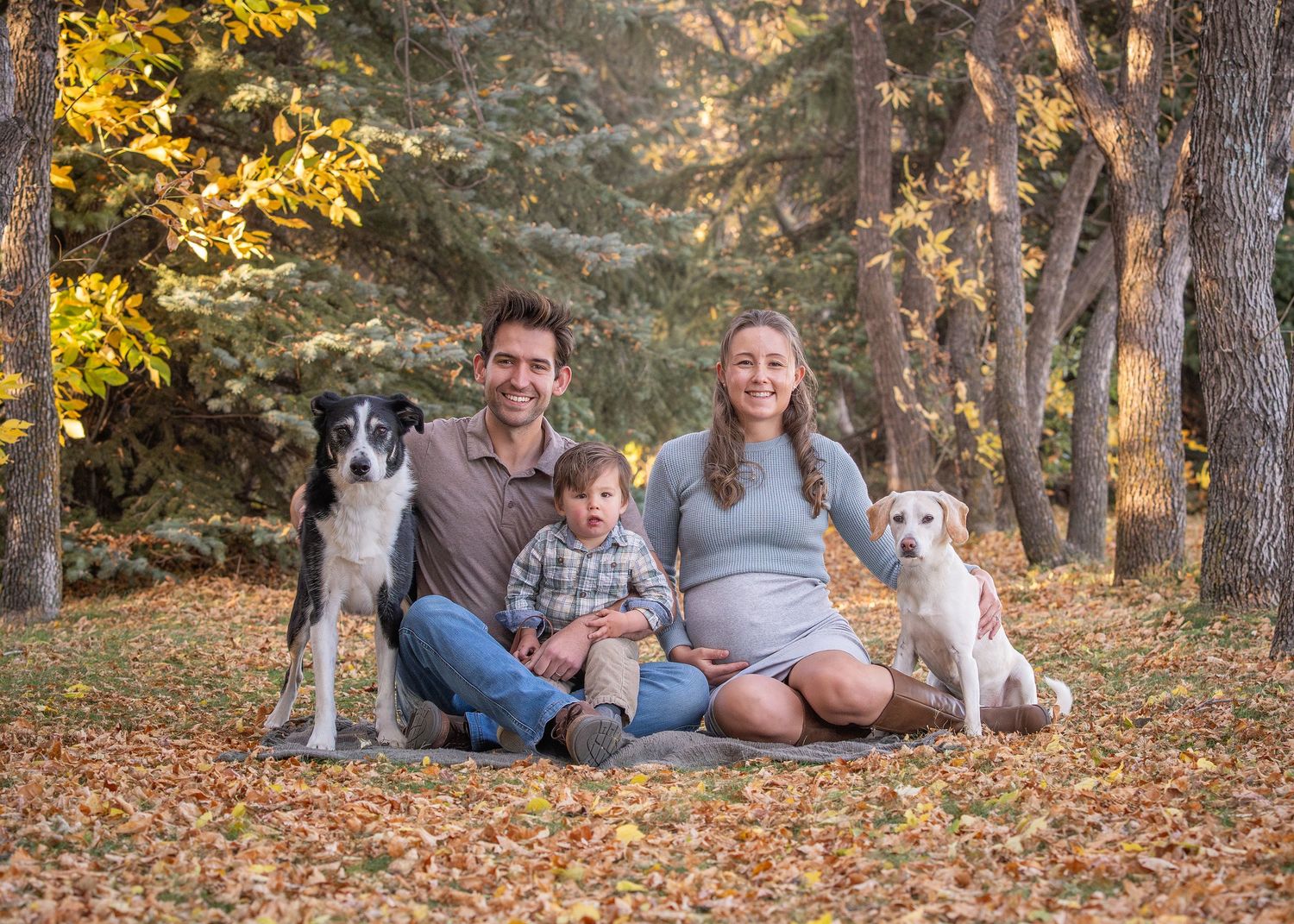Family and dog sitting together on autumn leaves in a wooded park during golden hour sunset.