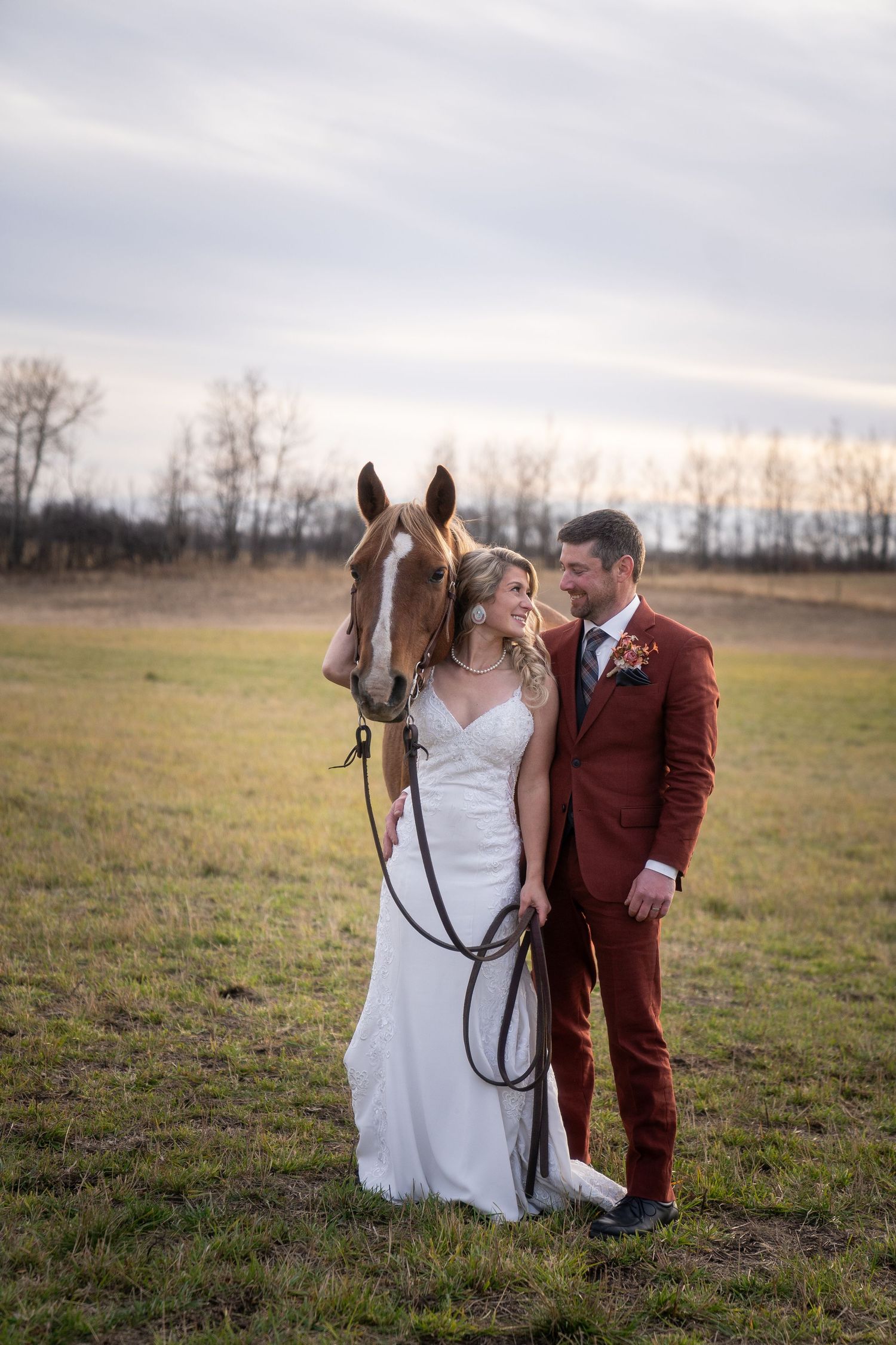 A brown horse stands with a couple in wedding attire in a rustic field during sunset.