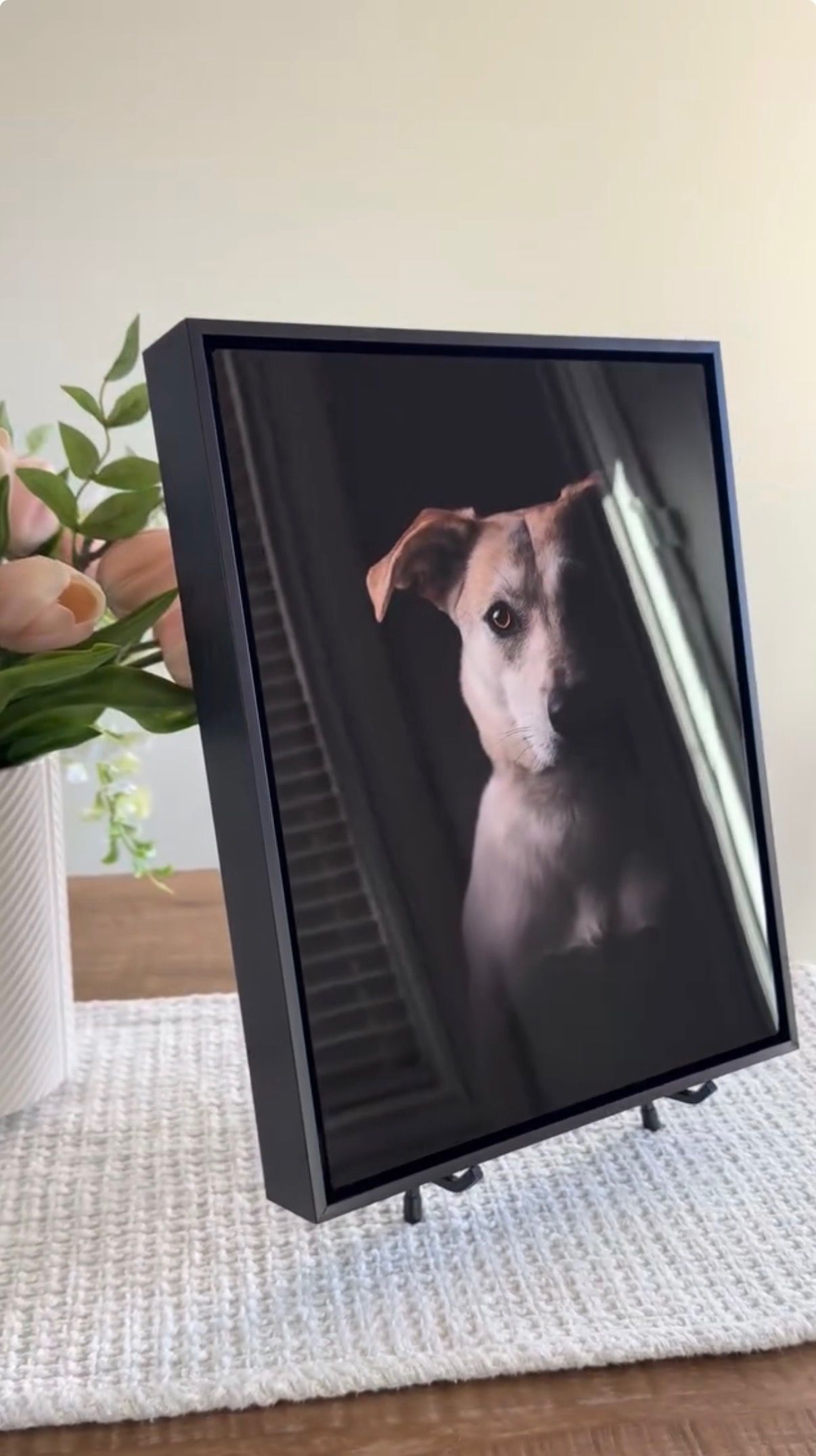Multiple views of a black digital photo frame displaying a cat portrait on a white textured surface.