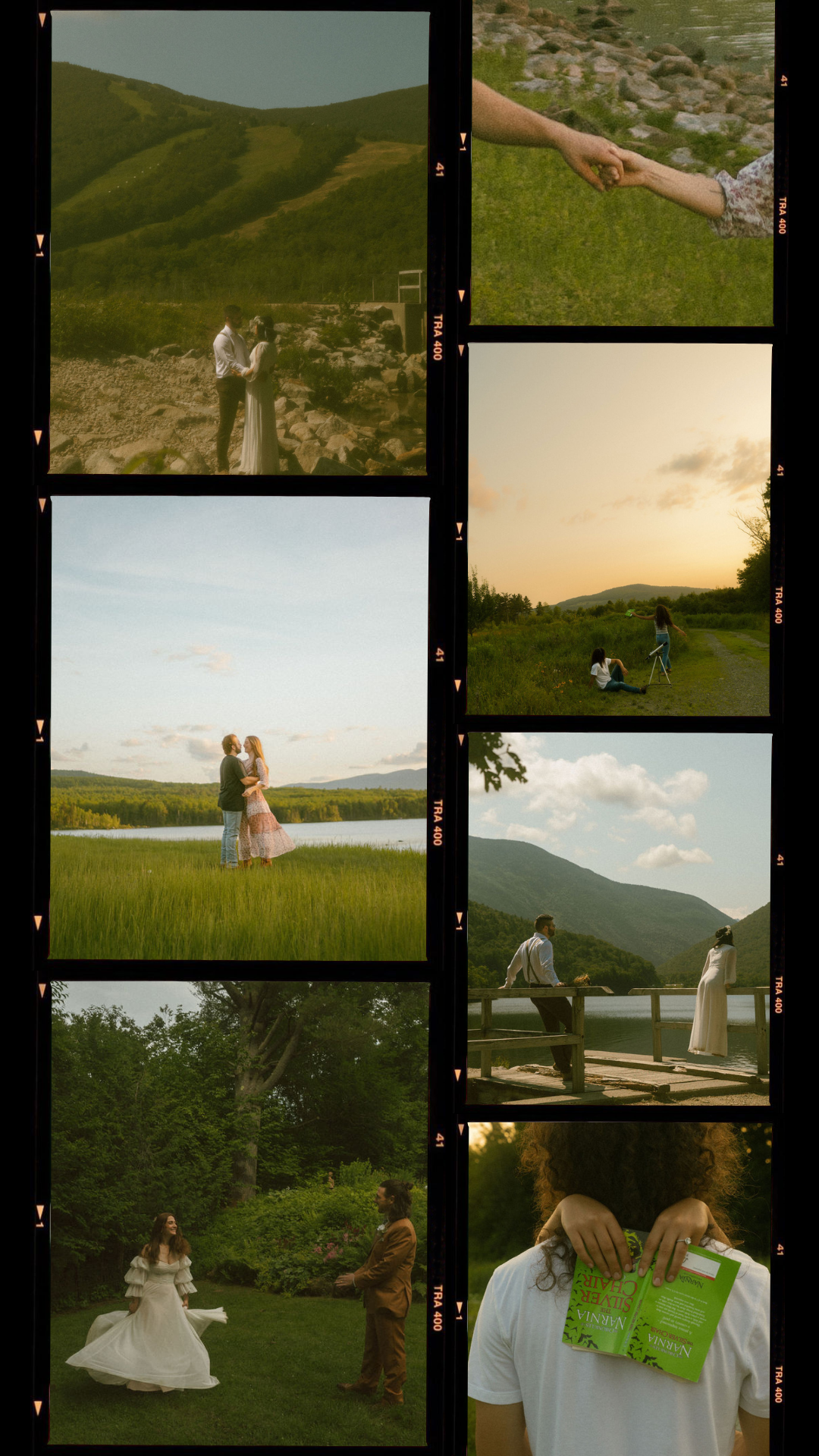 Contact sheet of wedding photography showing outdoor nature scenes and celebrations.