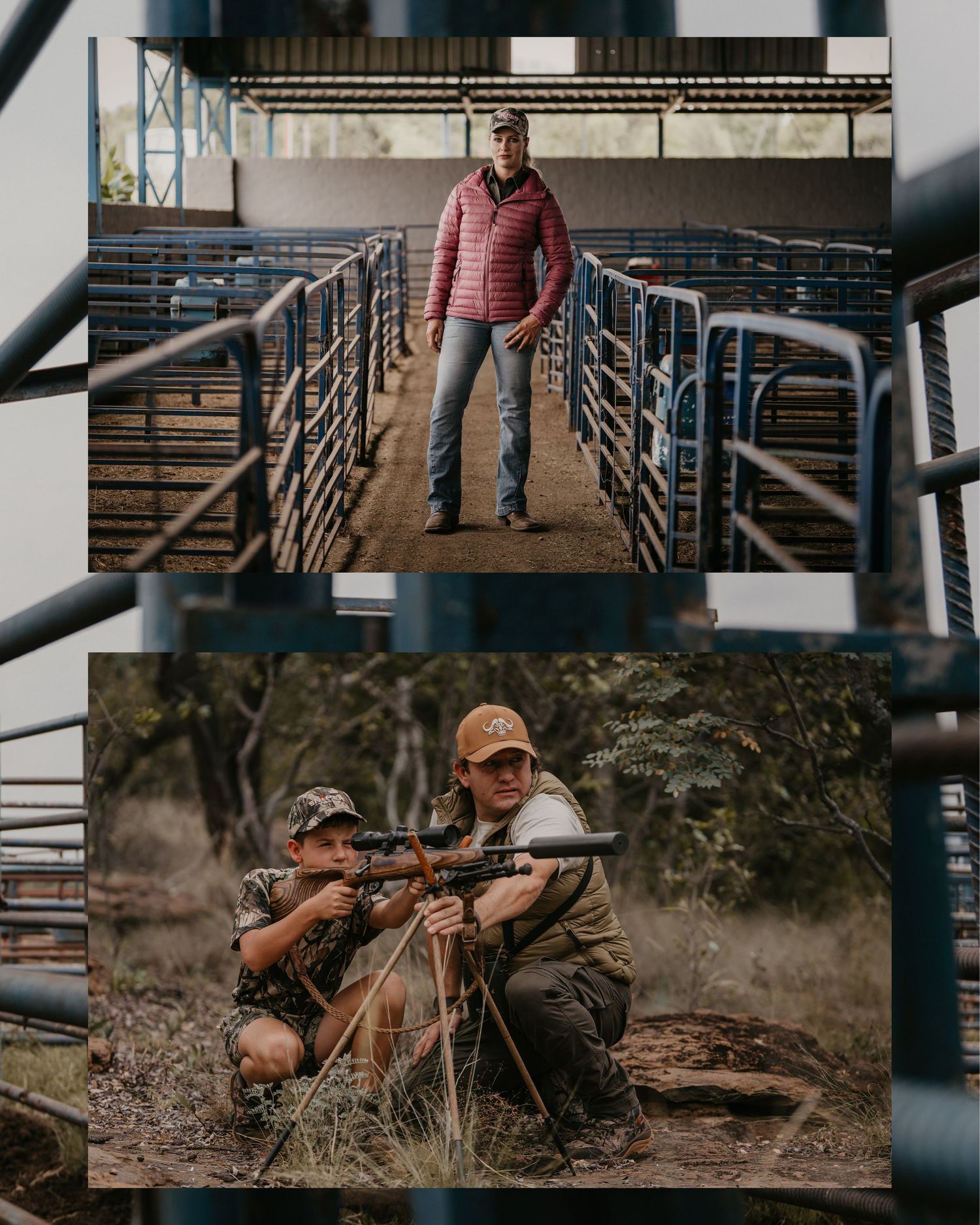 Collage of woman at cattle pens and two hunters aiming a rifle outdoors.