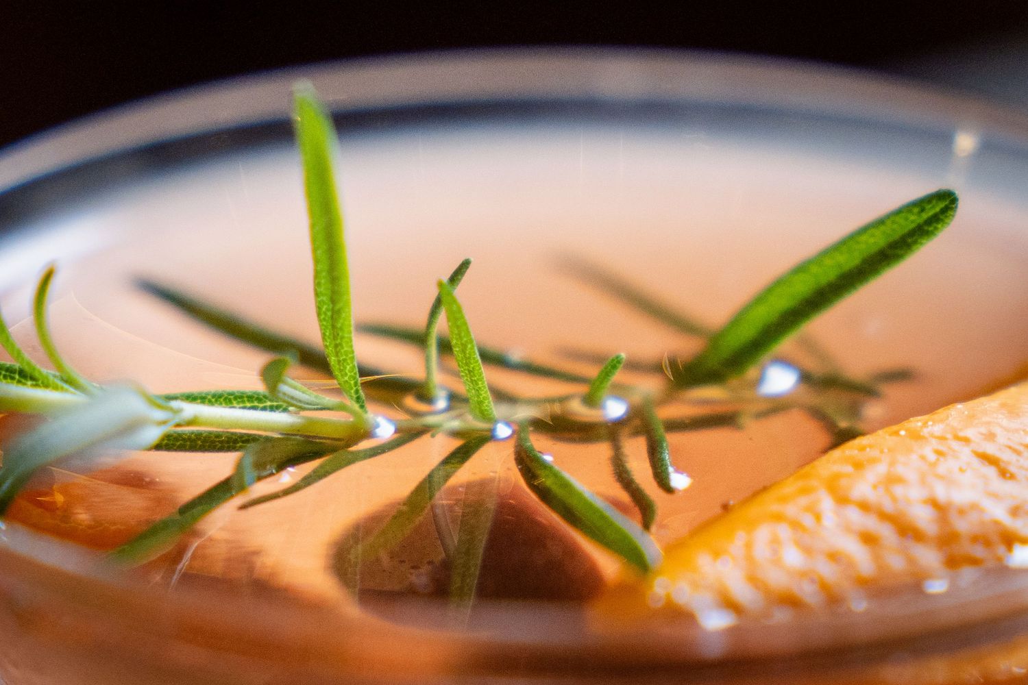 Close-up of a fresh rosemary sprig with water droplets resting on an orange slice in a glass bowl.