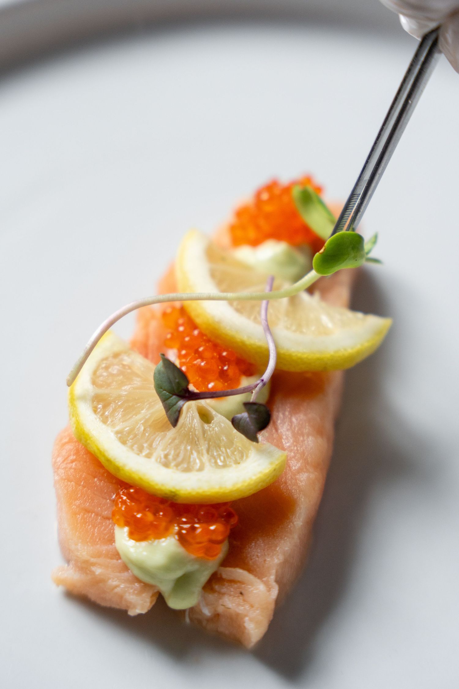 Elegant salmon fillet topped with red caviar, lemon slices, and microgreens on a white plate.