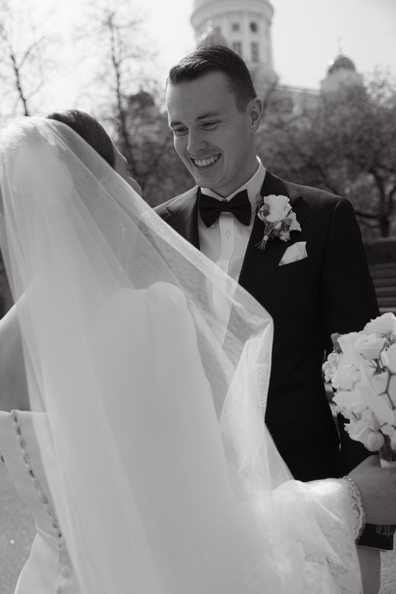 Emotional wedding first look moment between bride and groom