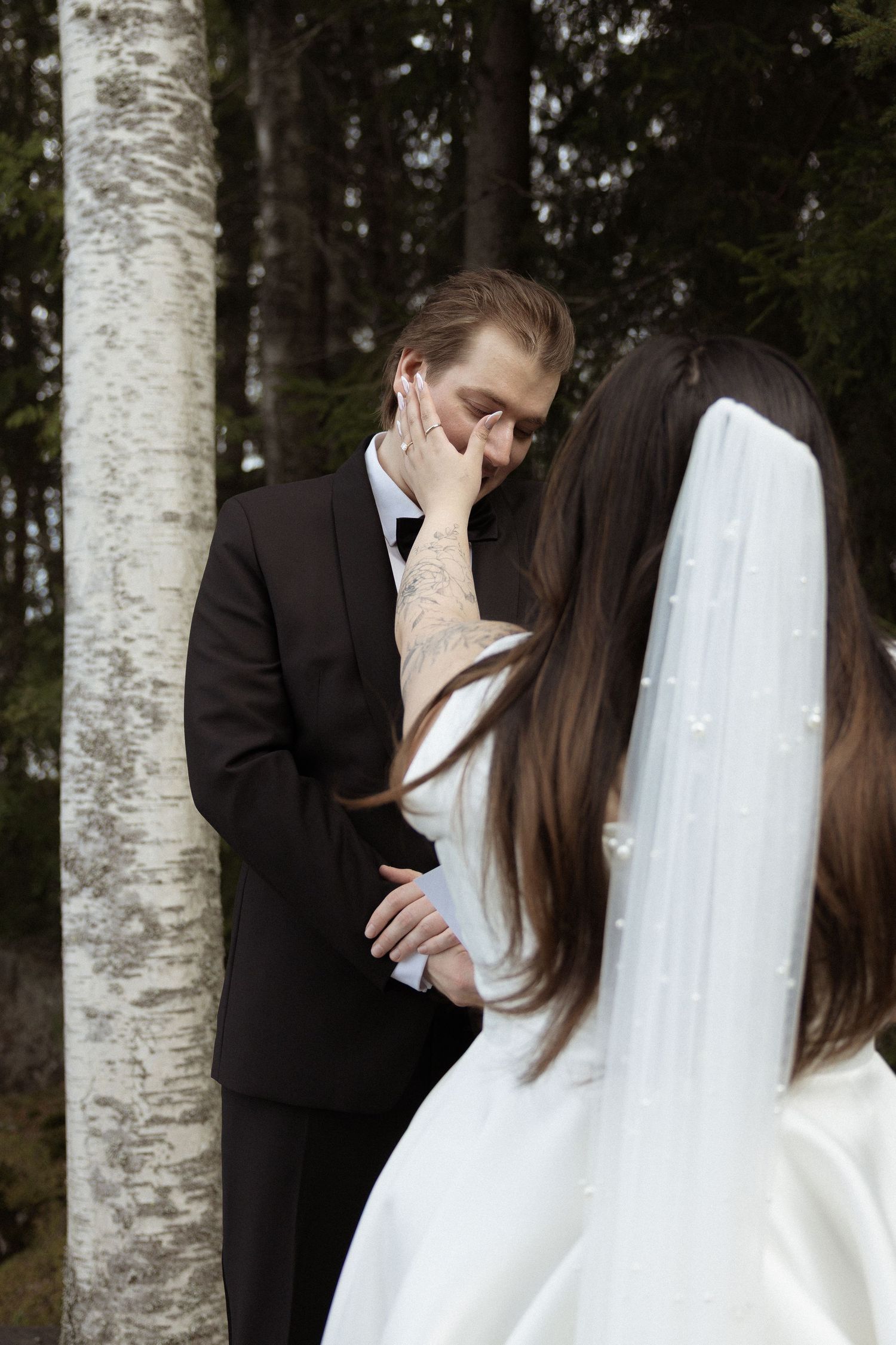 Emotional wedding first look moment between bride and groom. Destination wedding photographer