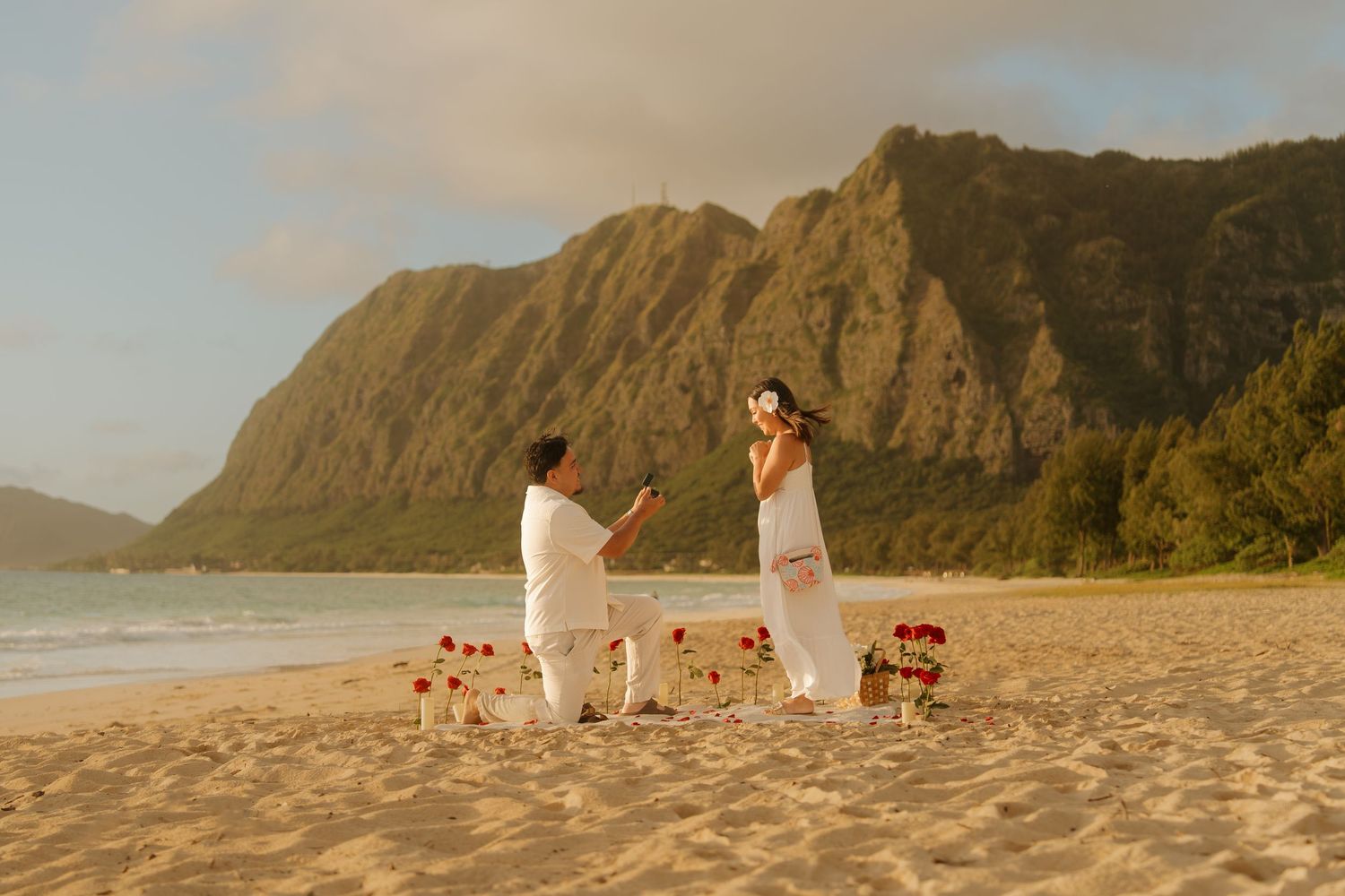 Man proposes to woman on a sandy Hawaiian beach at sunset with red roses and dramatic green mountains in the background.