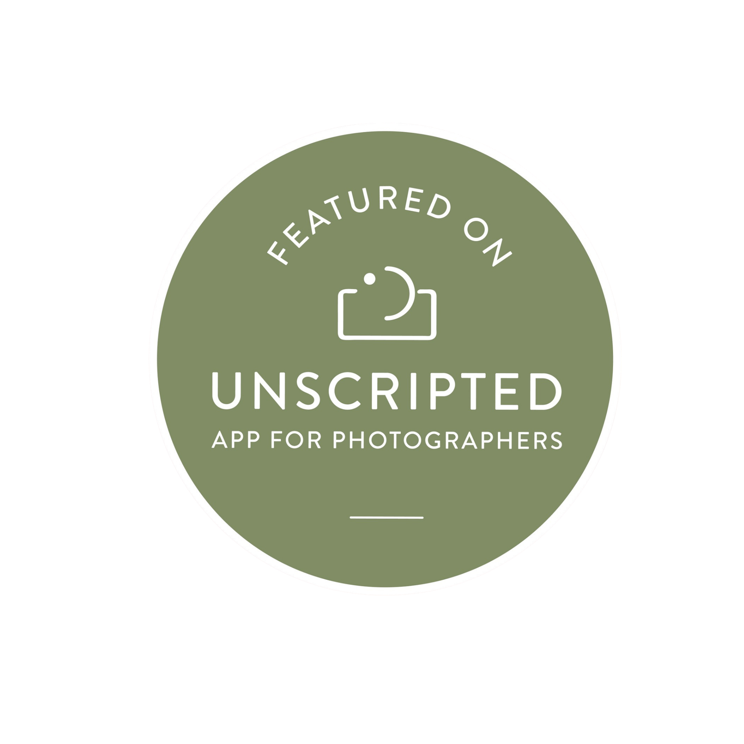 Featured on Unscripted App for Photographers circular badge in muted sage green with white text.