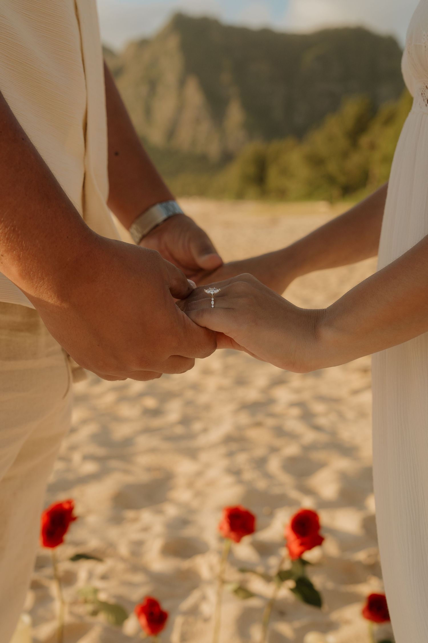 Couple holding hands on sandy beach with engagement ring, red roses, and mountain backdrop at golden hour.