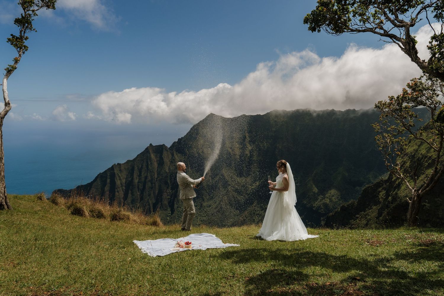 Couple celebrates wedding with champagne on lush green hillside overlooking dramatic Na Pali Coast cliffs in Kauai, Hawaii.