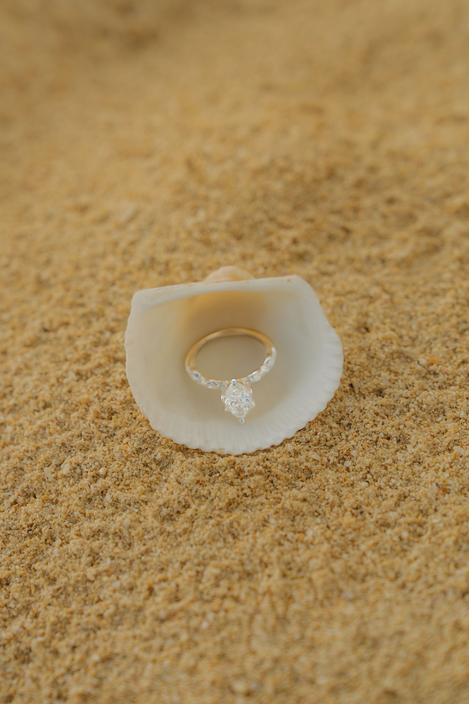 Diamond engagement ring displayed in a white seashell resting on golden sandy beach.
