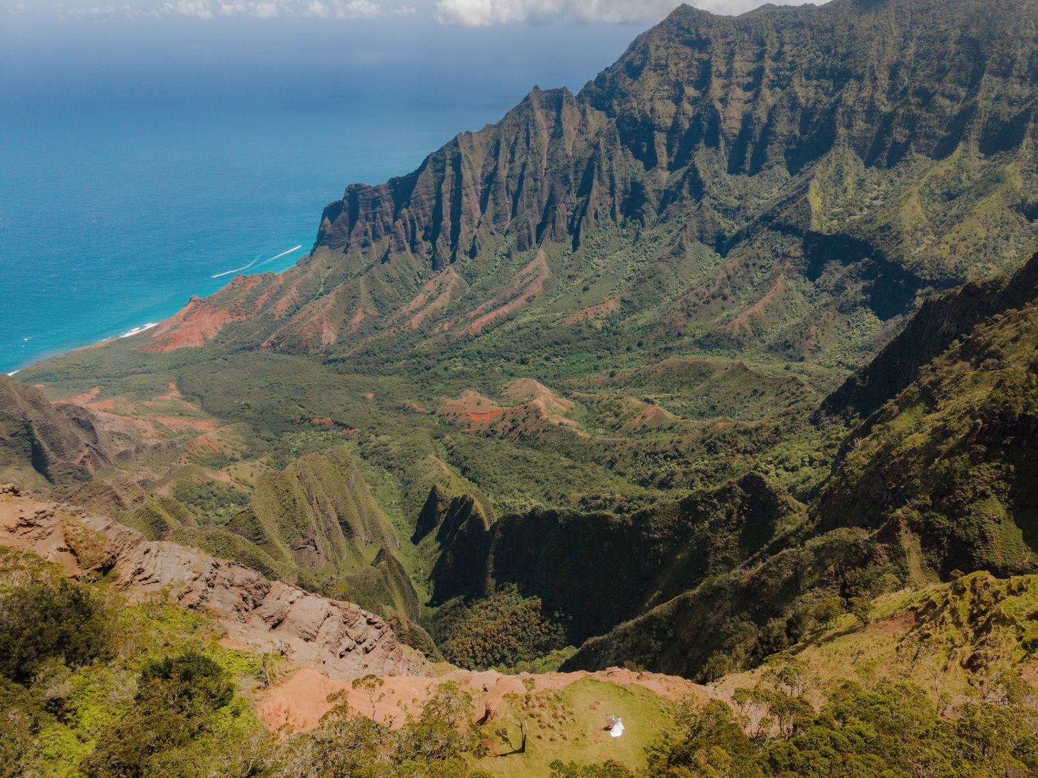Aerial view of Kauai's lush Na Pali Coast valleys and ridges with turquoise ocean waters visible in the background.
