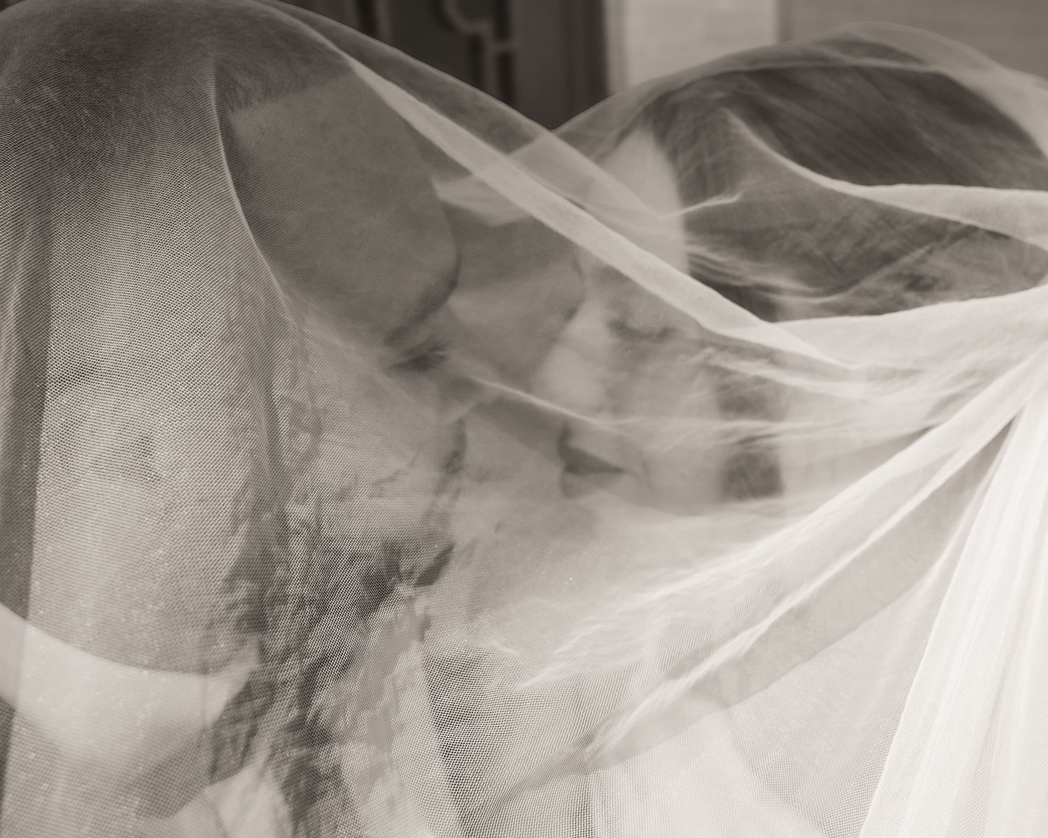 Black and white photo of a couple kissing under a flowing sheer wedding veil.