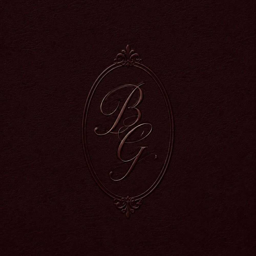 Elegant dark burgundy leather-textured background with ornate oval BG monogram logo design.