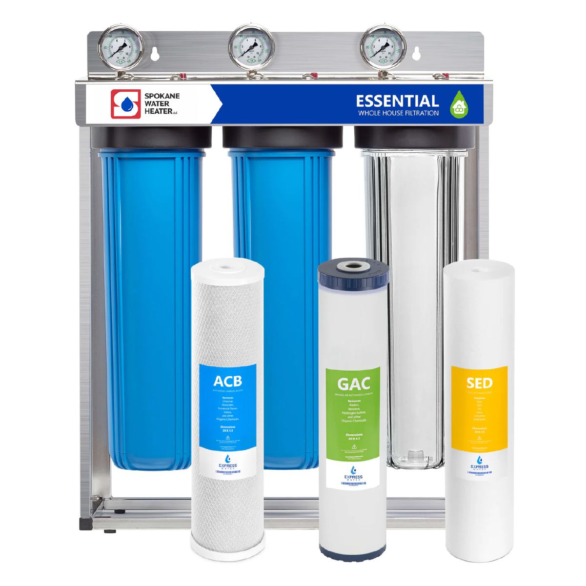Triple-stage water filtration system with blue housings, pressure gauges, and replacement filter cartridges mounted on metal frame.