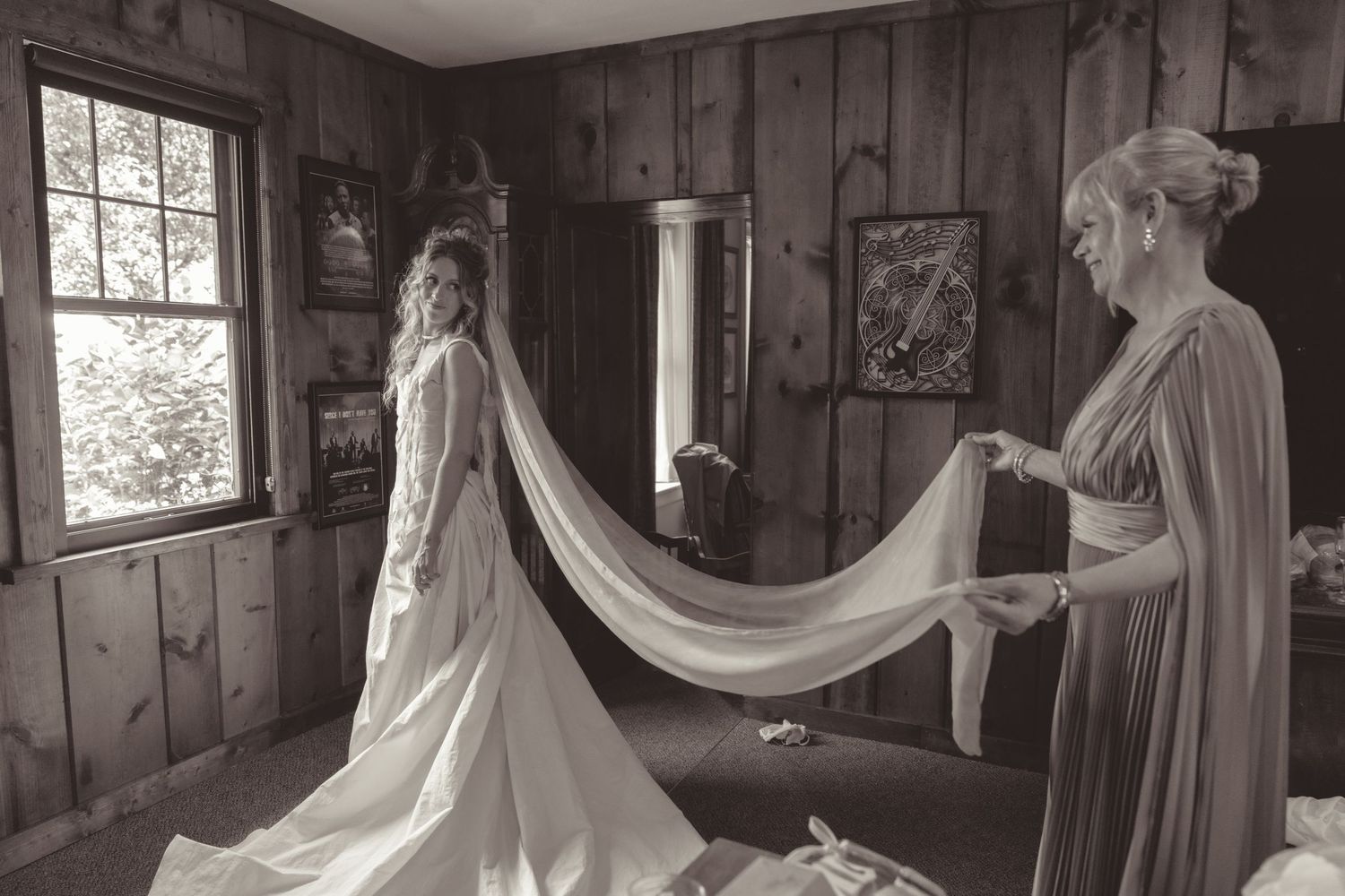 A series of black and white photographs showing a bride getting ready in a rustic wooden room with natural light.