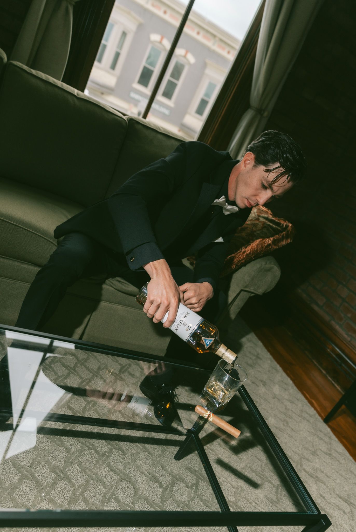 A sequence of photos shows someone pouring a drink into a glass on a marble countertop in dim lighting.