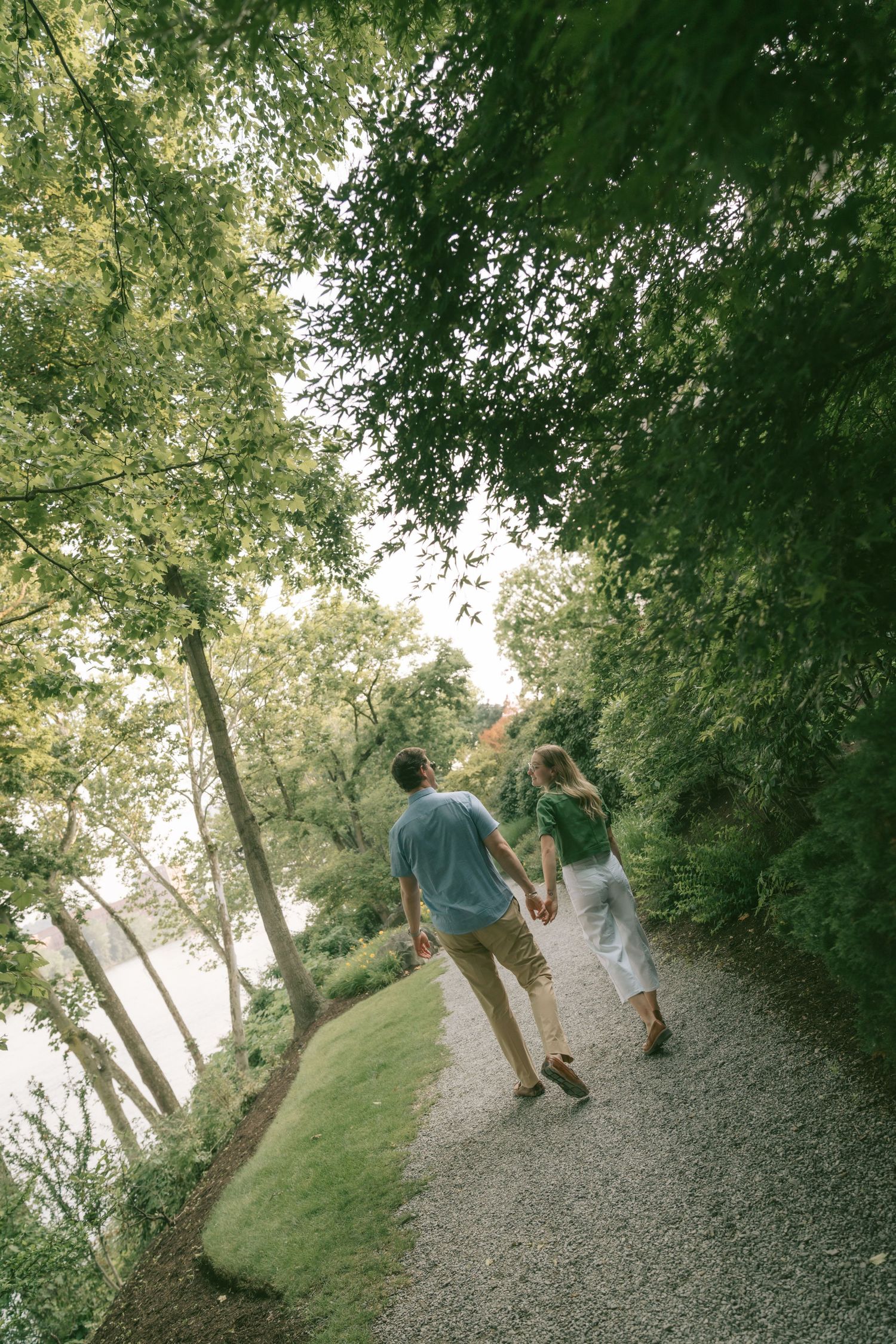 Tree-lined gravel path winding through a lush green forest on a sunny afternoon.
