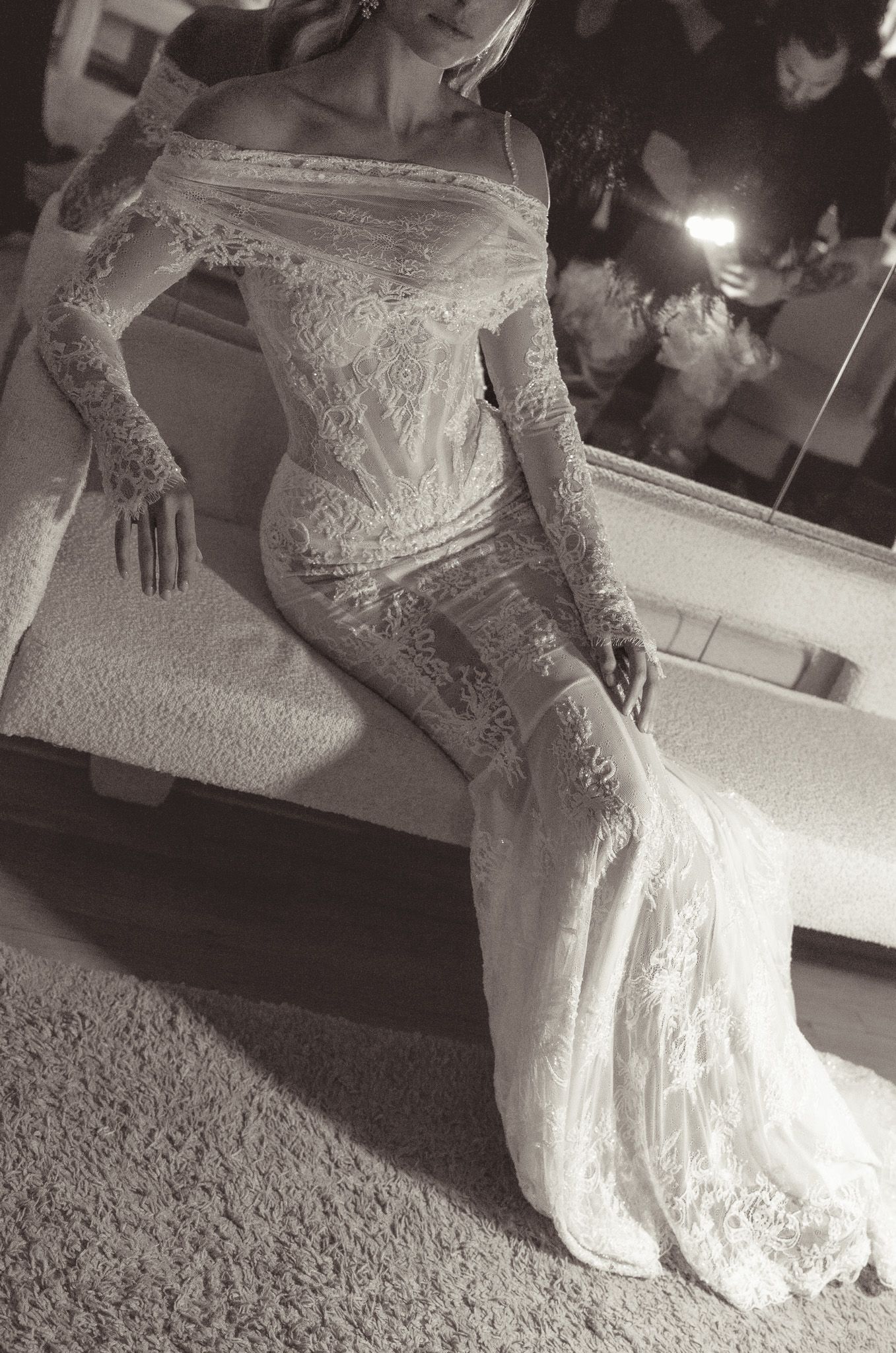 Close-up details of an elegant lace wedding dress with intricate beading and embellishments shown from multiple angles.
