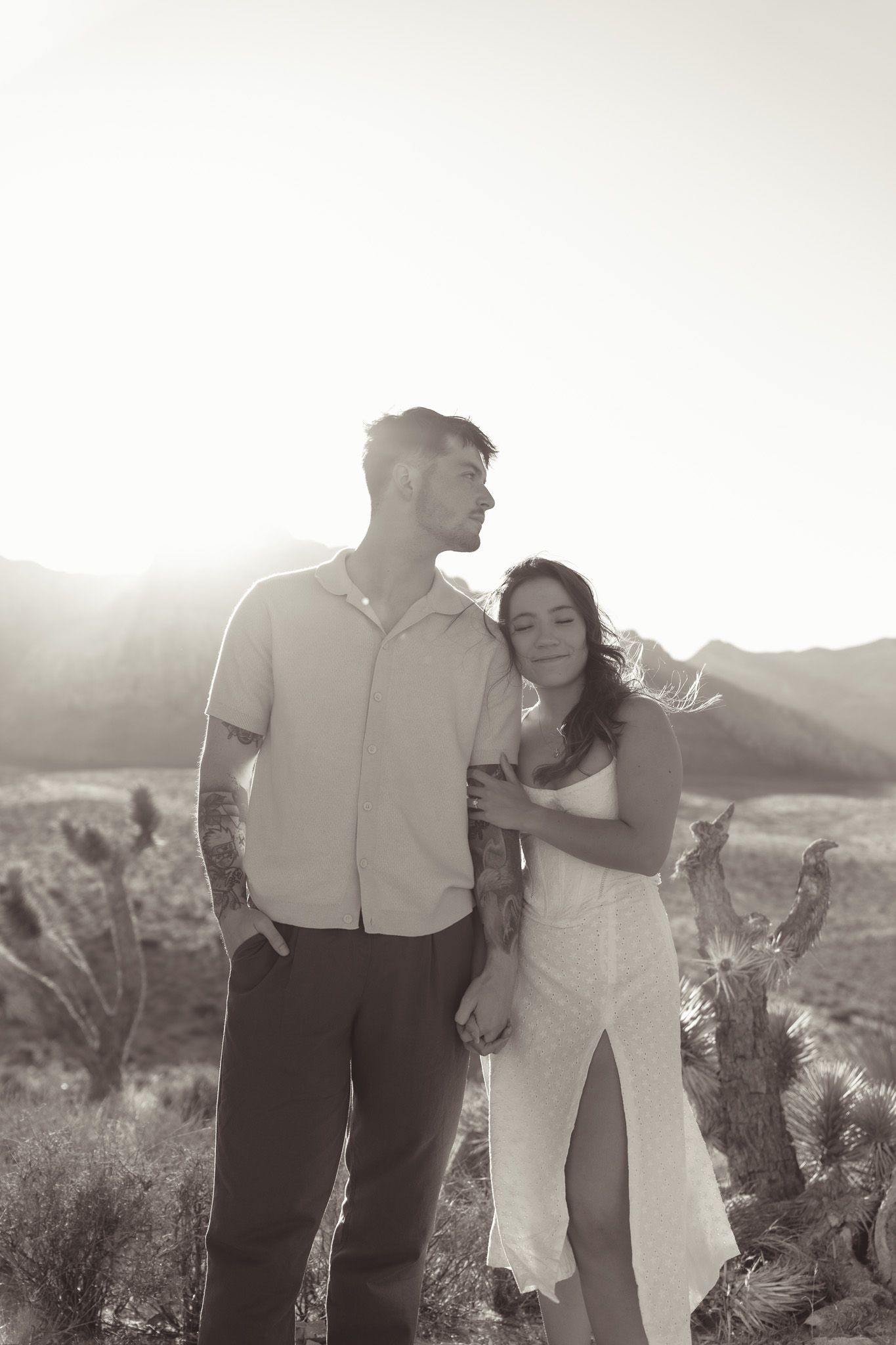 A romantic desert photoshoot series showing two figures embracing against a dreamy, hazy mountains in red rock canyon, las vegas.