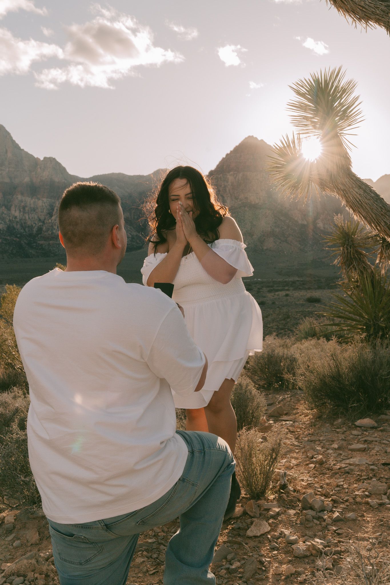 Proposal moment captured in desert landscape with mountains and sunset.