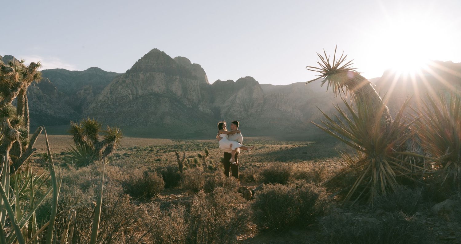 engagement pictures at sunset with las vegas, NV Desert mountain landscape