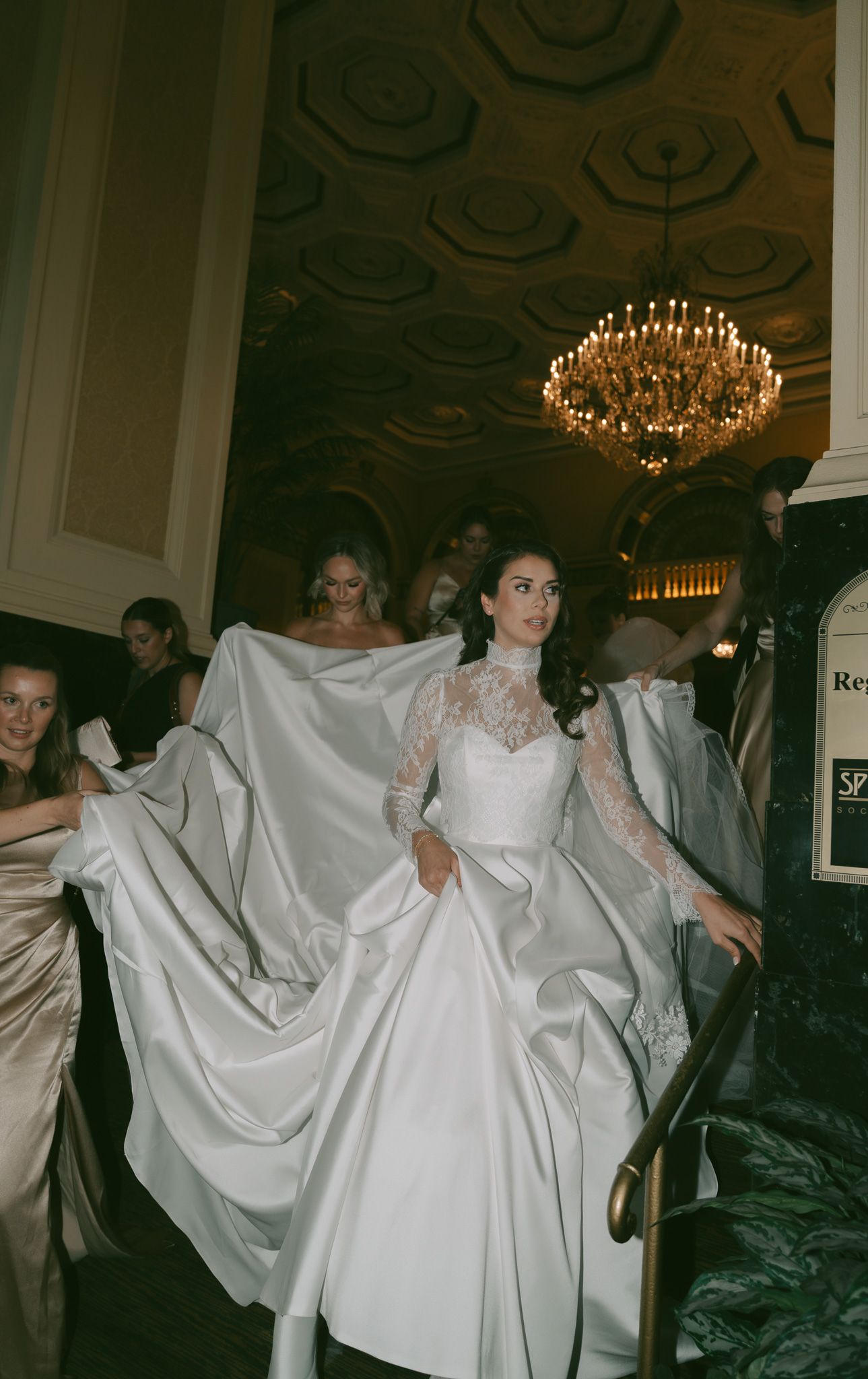 Flash bridal portrait with bridesmaids in formal attire in downtown pittsburgh, pa.