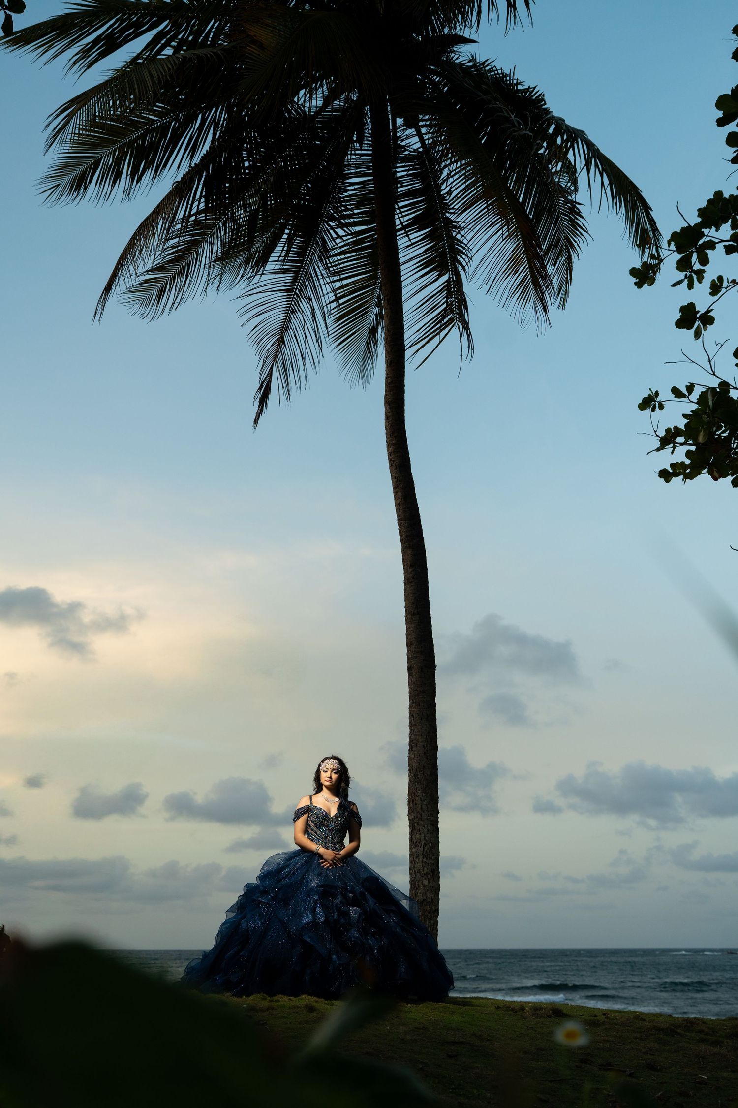 Woman in blue ball gown standing under palm tree by ocean at sunset.