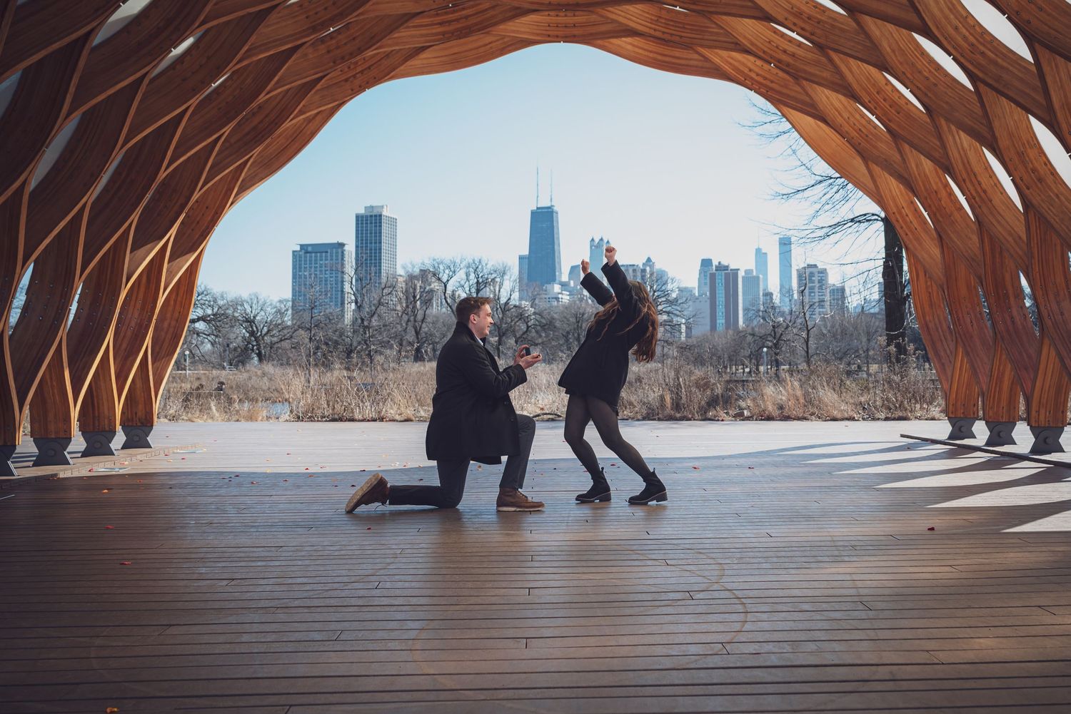 A proposal silhouette captured with Chicago skyline in background. goose.img photography LLC - Chicago Photographer