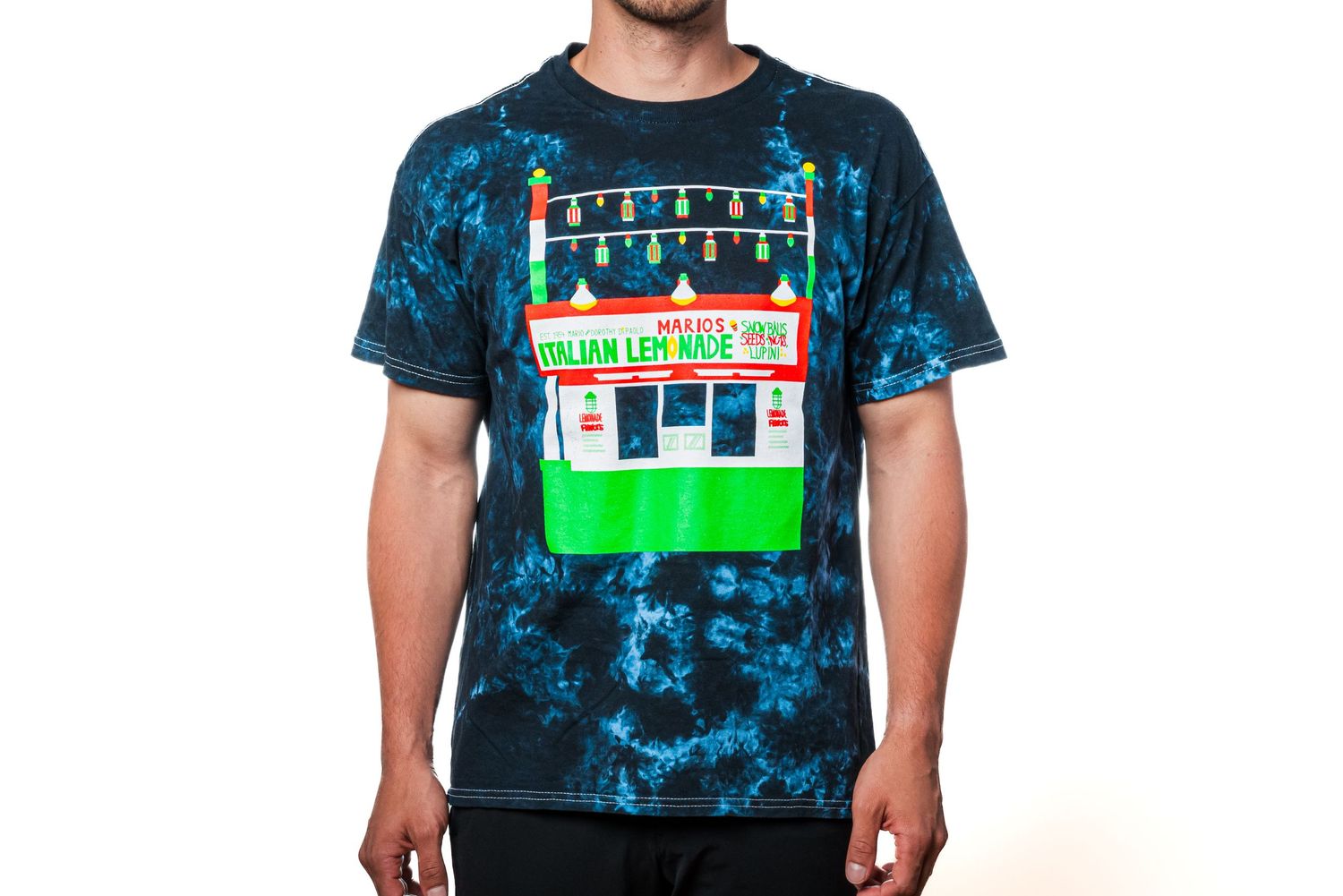 Tie-dye blue t-shirt with colorful retro television graphic design displayed in multiple product views.