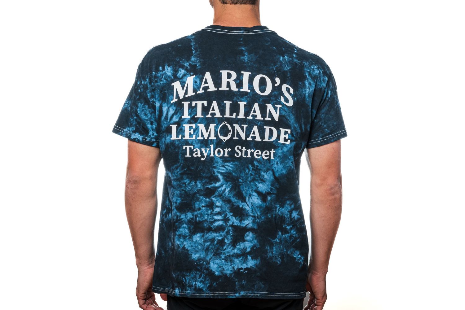 Blue tie-dye t-shirt with Mario's Italian Lemonade text on back.