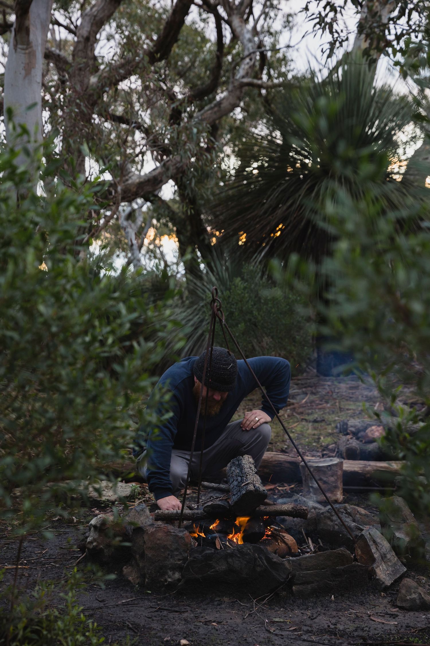Lighting a camp fire at Grass Tree Gully, near Deep Creek