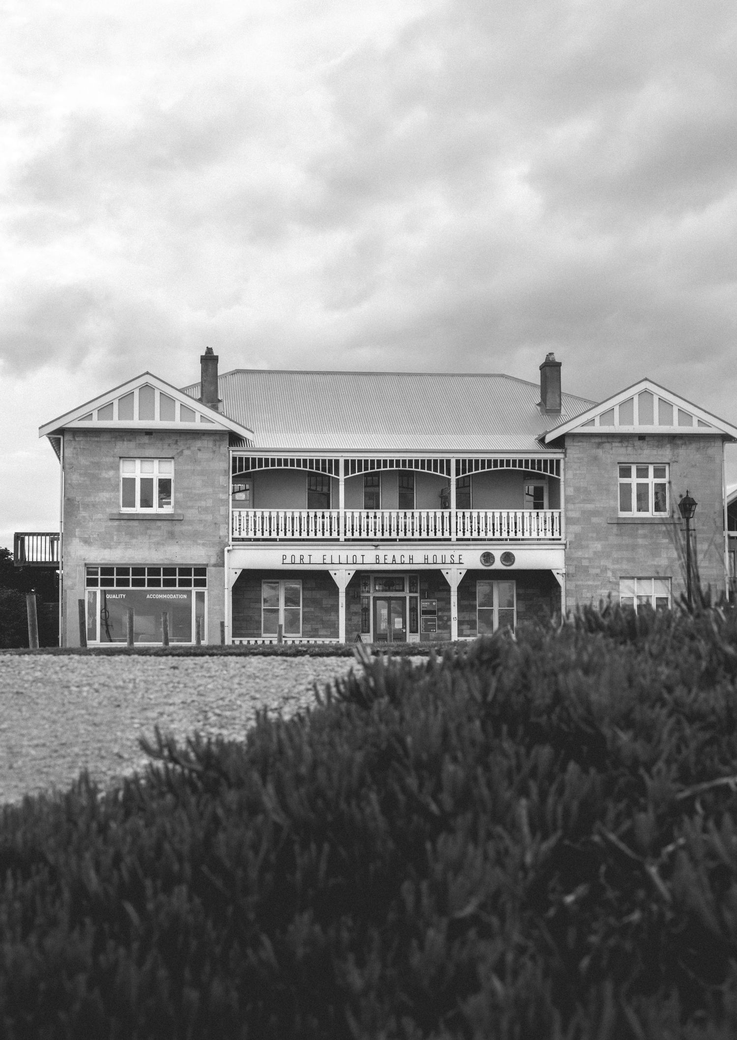 The Beach House at Port Elliot, black and white image of historical building, South Australia