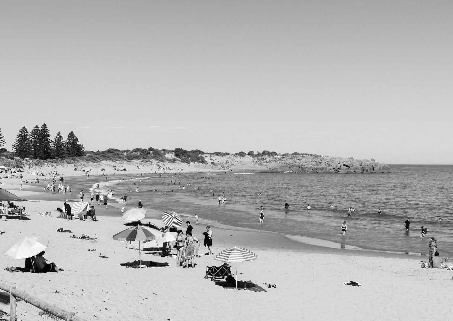 Black and white image of people enjoying summer at Horseshoe Bay, Port Elliot, Fleurieu Peninsula, South Australia