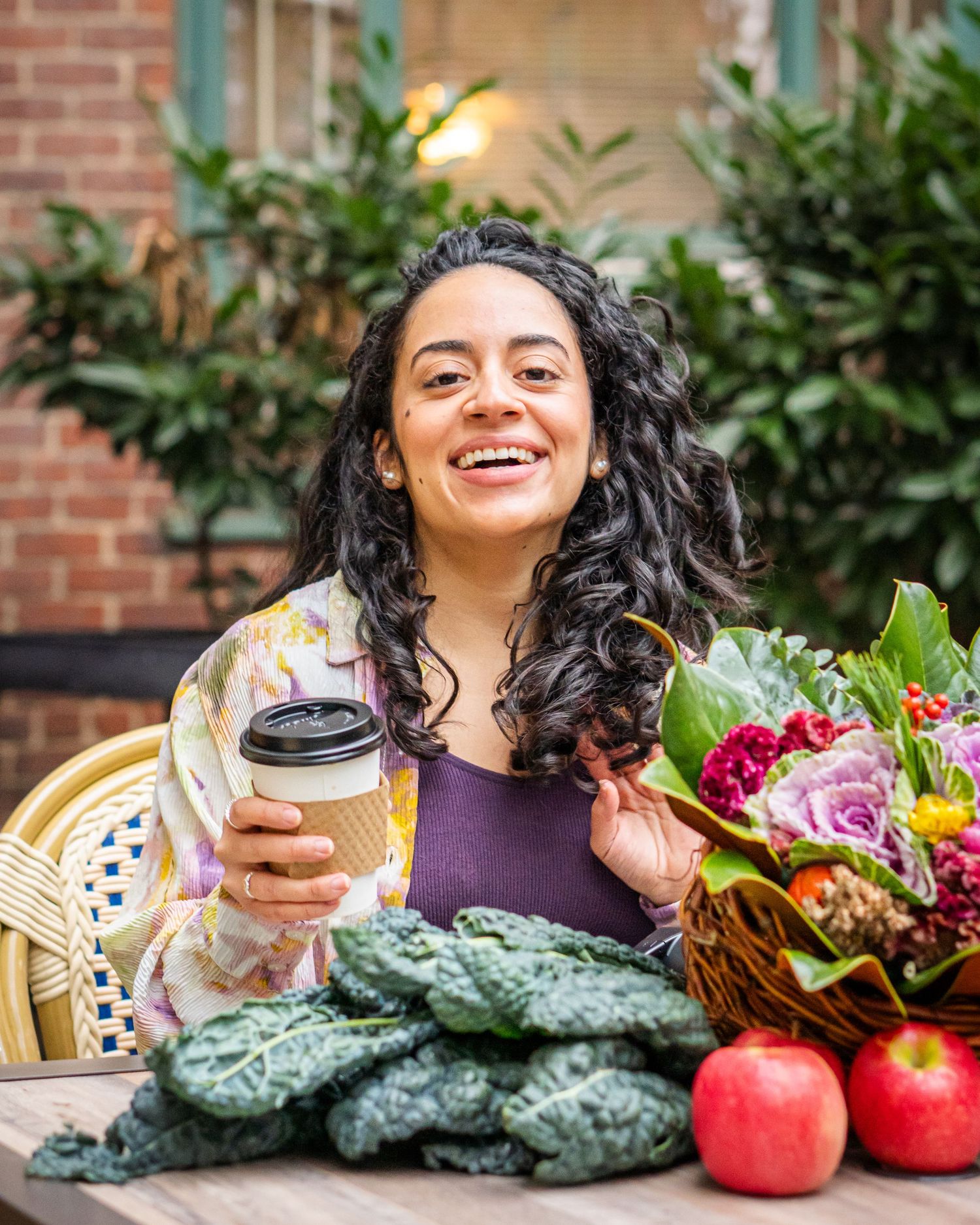 Professional brand portrait photograph of a woman dietician outside with fruits and vegetables by Don Wilson in New York