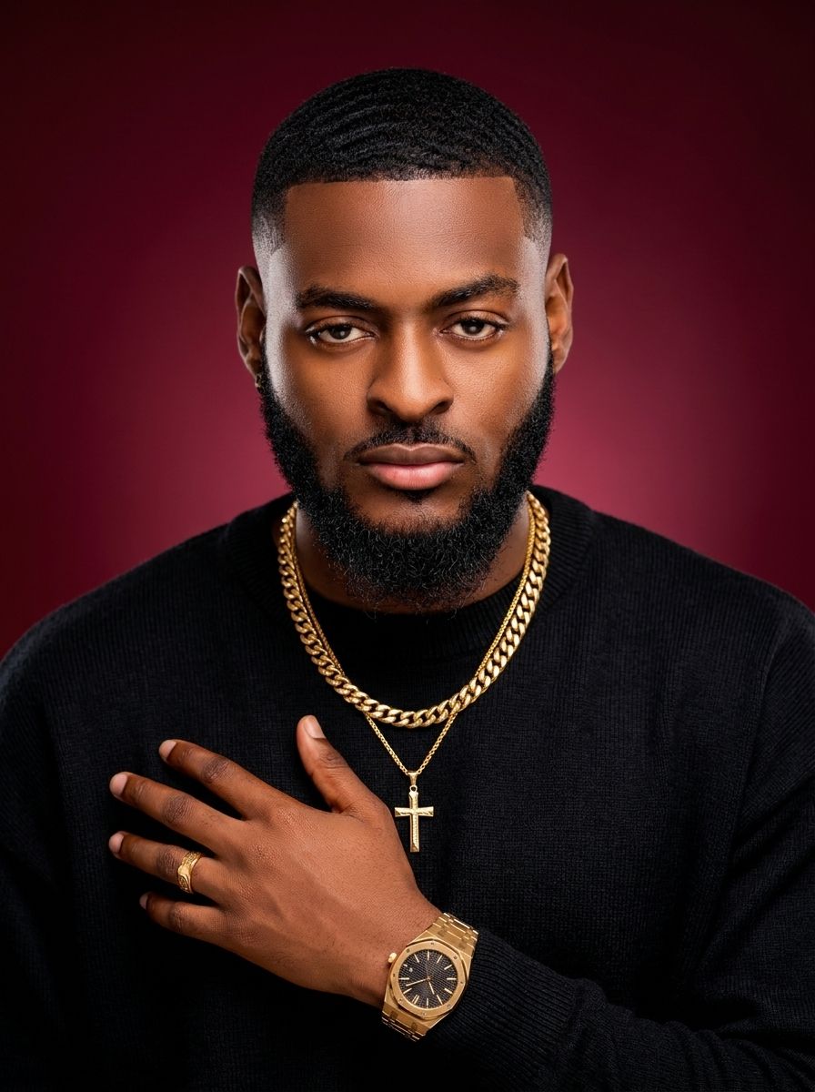 Confident young Black man in black sweater with gold chain, cross pendant, and luxury watch posing against dark red background.
