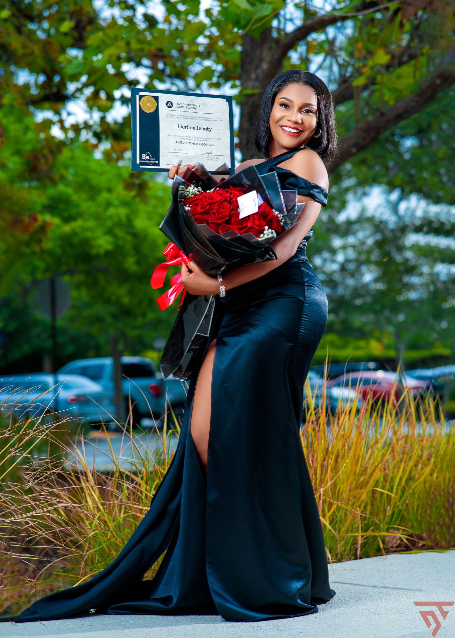 A person in a black dress poses with red flowers outdoors near ornamental grasses.