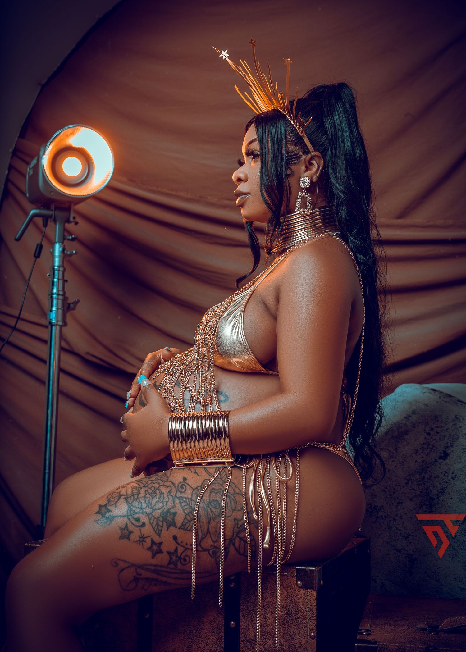 Artistic boudoir photography with dramatic lighting and metallic body decorations.