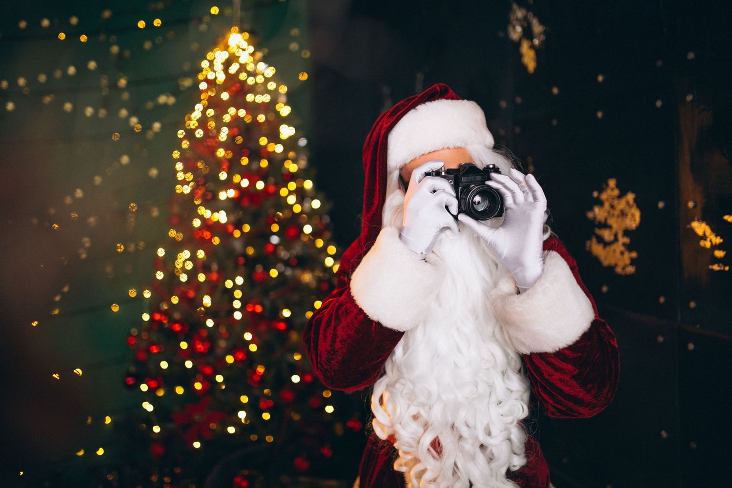 Christmas portraits with bokeh lights and festive decorations.