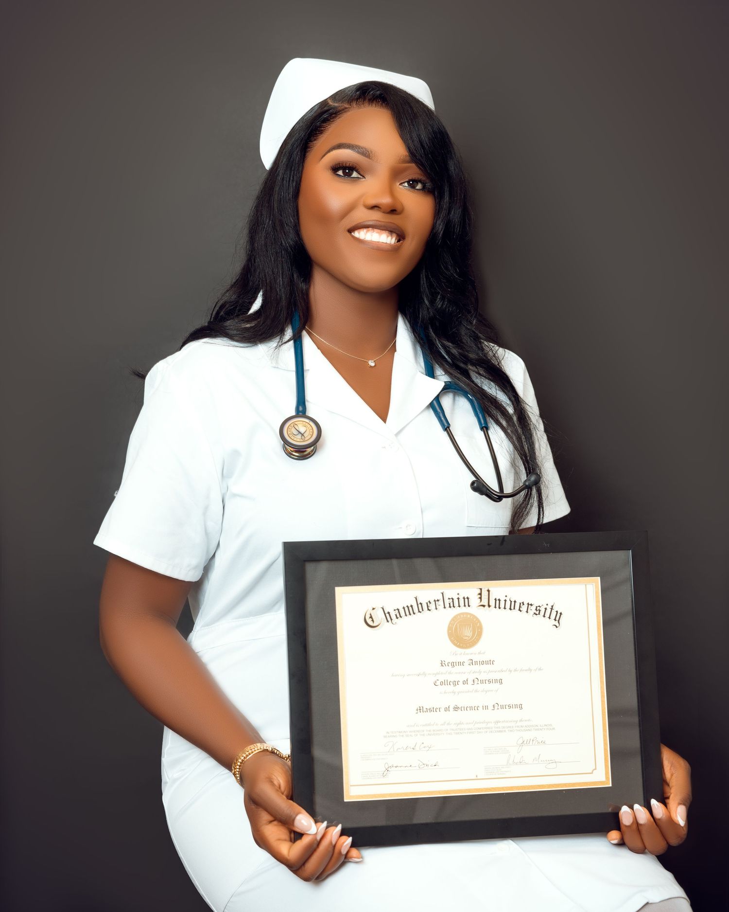 Graduate in white uniform displays academic certificates in professional photo series.
