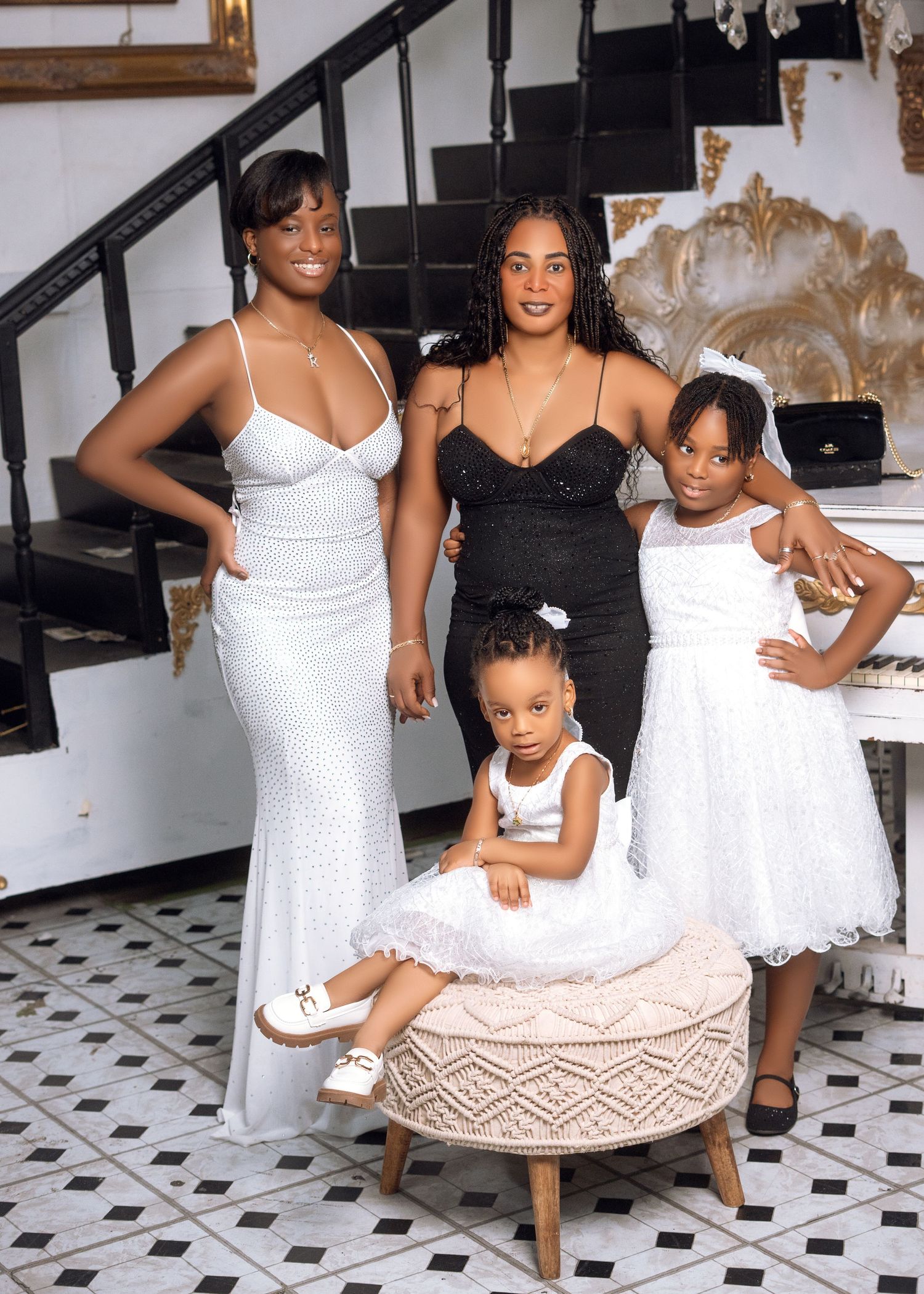Family photo series with women and children in white dresses sitting on decorative furniture.