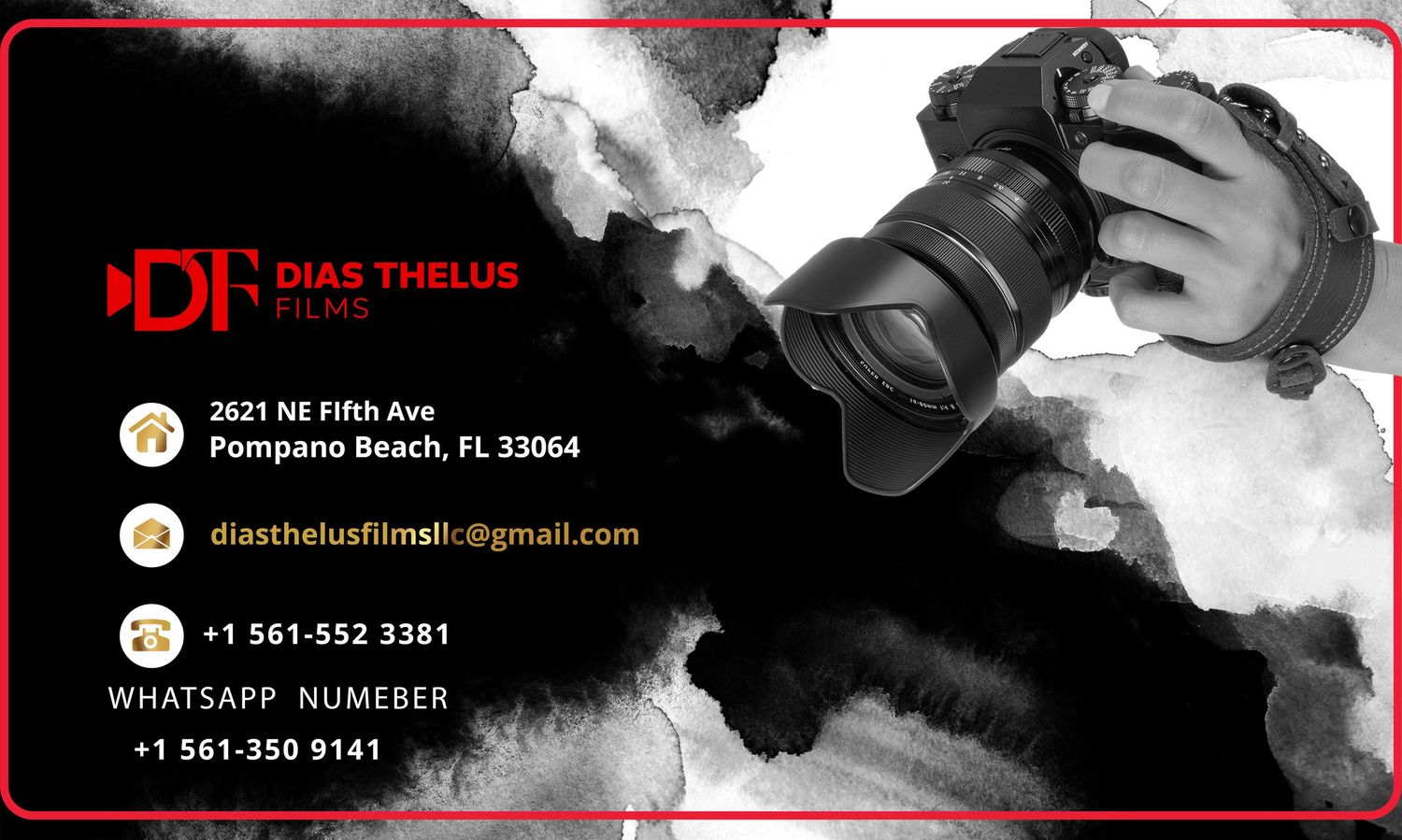 Dias Thelus Films photography business card with contact details, camera image, Pompano Beach FL address and phone numbers.