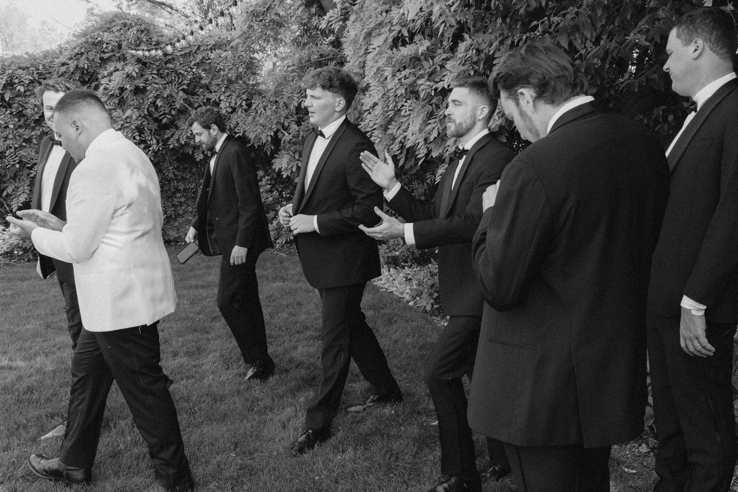 Black and white photo of groomsmen in tuxedos walking outdoors on grass near lush green hedges at a wedding.