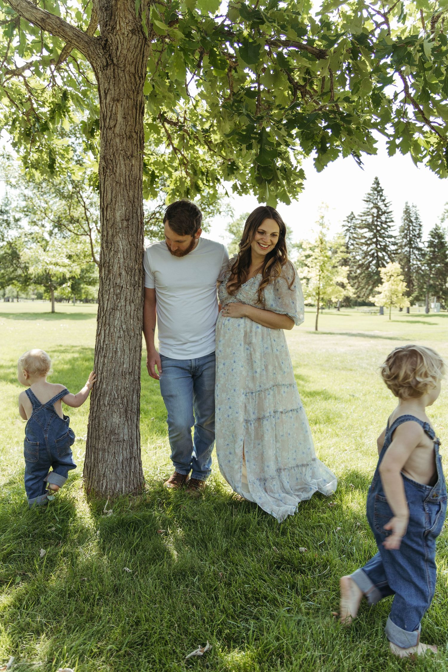 A playful family moment unfolds beneath a large tree in a sunny park setting.