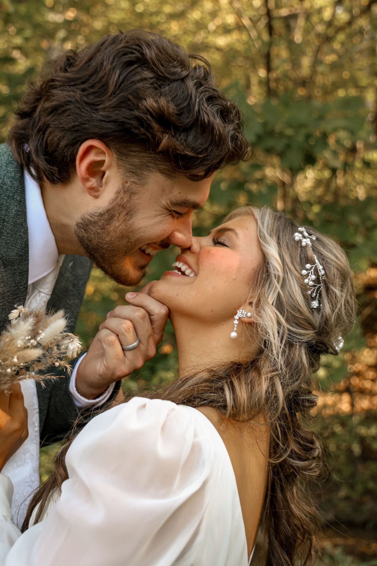 A romantic autumn wedding photo sequence with golden bokeh background.