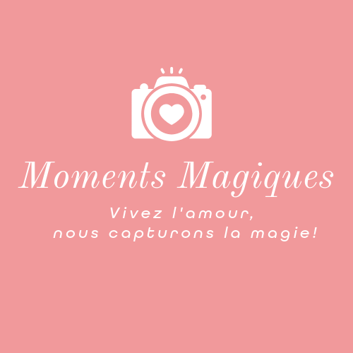 Pink photography logo design with camera icon and French text for 'Moments Magiques'.
