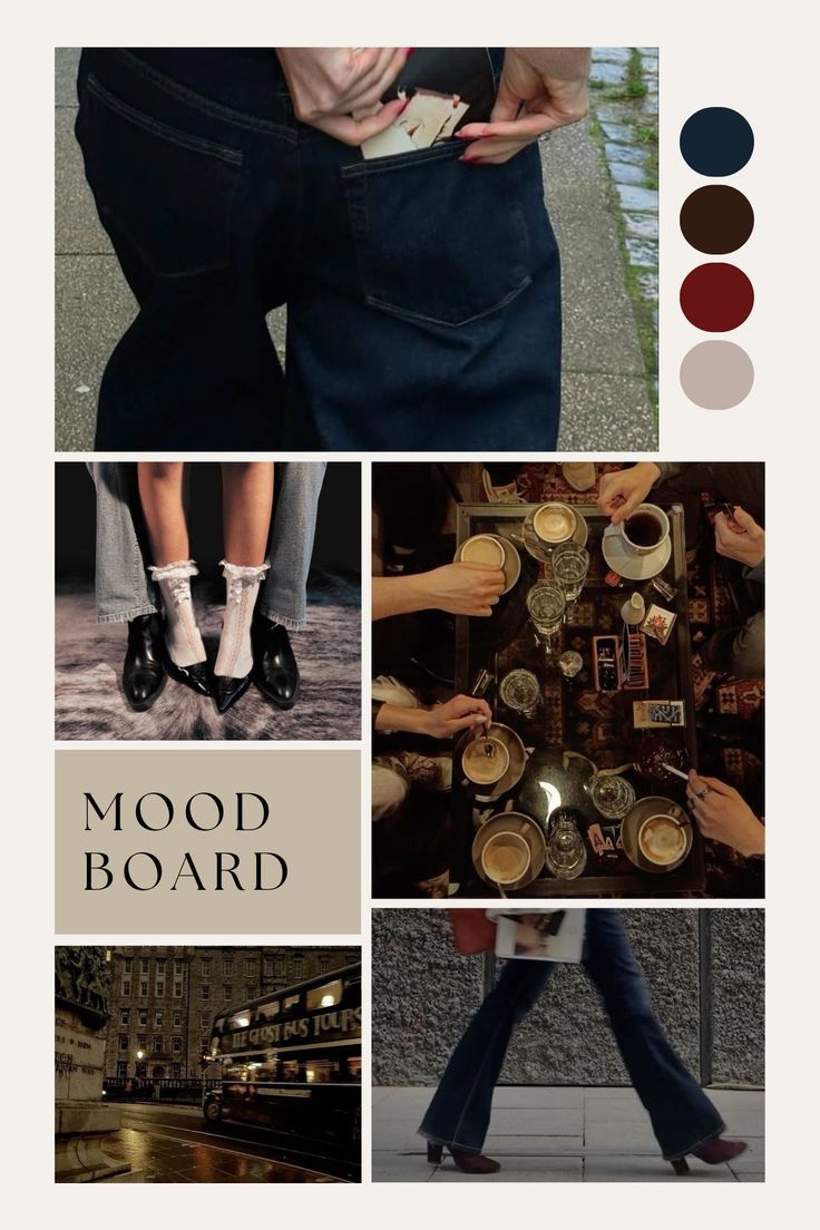 A moodboard collage featuring dark denim, leather shoes, and vintage bar interiors in warm brown and navy tones.