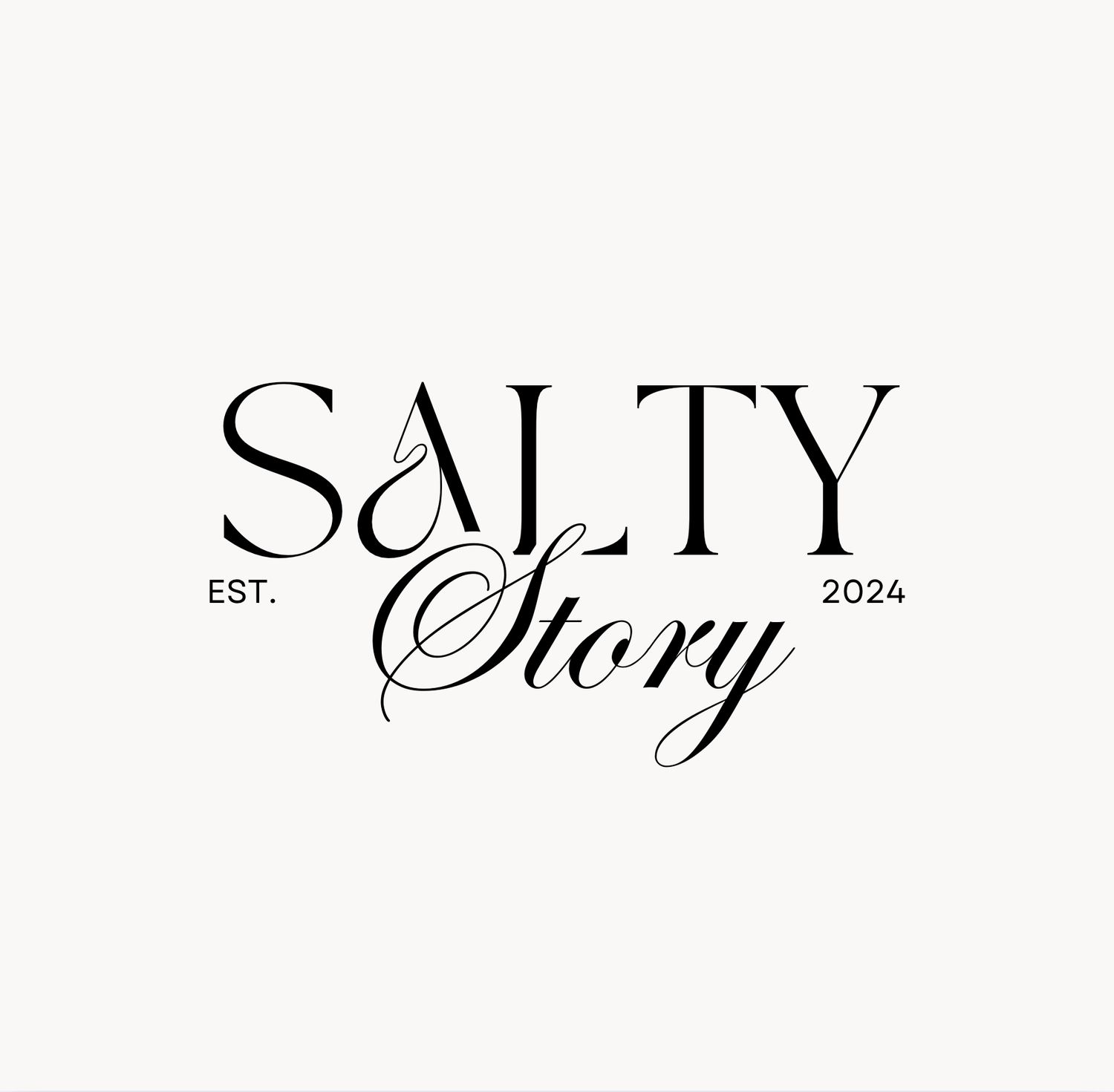 Salty Story est. 2024 elegant black and white logo with serif typography on light background.