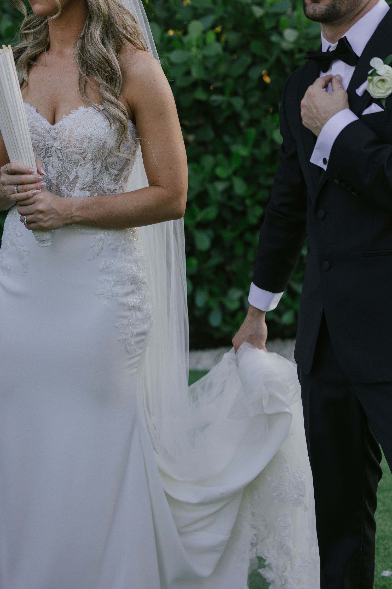Elegant white wedding dress details shown in a series of close-up photos against a green garden backdrop.